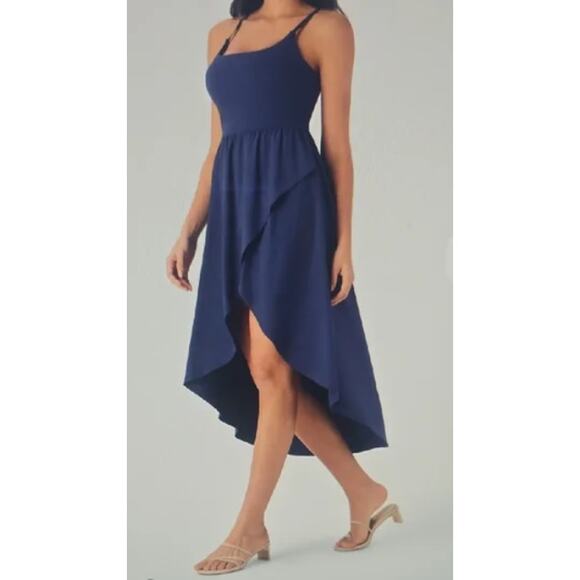 HALARA Dresses & Skirts - Halara Dress Breezeful High Low Flowy Midi Quick Dry Casual Navy Blue Small NWT